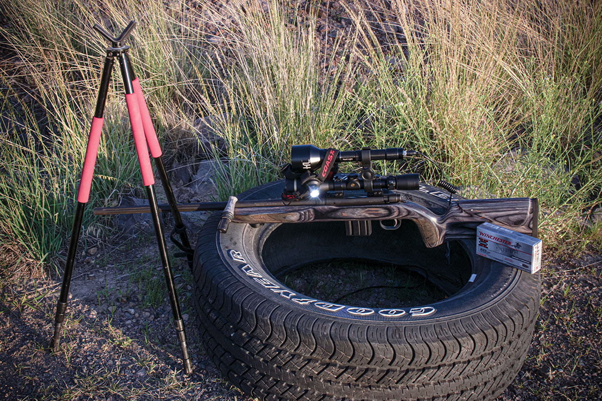 This is the budget setup for hunting at night. It doesn’t take much, just a good rifle, mouth call, shooting sticks, red light, maybe a headlamp and some ammunition and you are all set to hit the field.